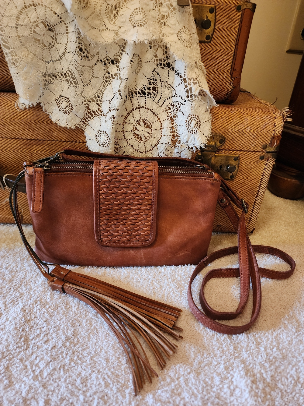 Woven Flap Brown Leather Crossbody Bag with Tassel